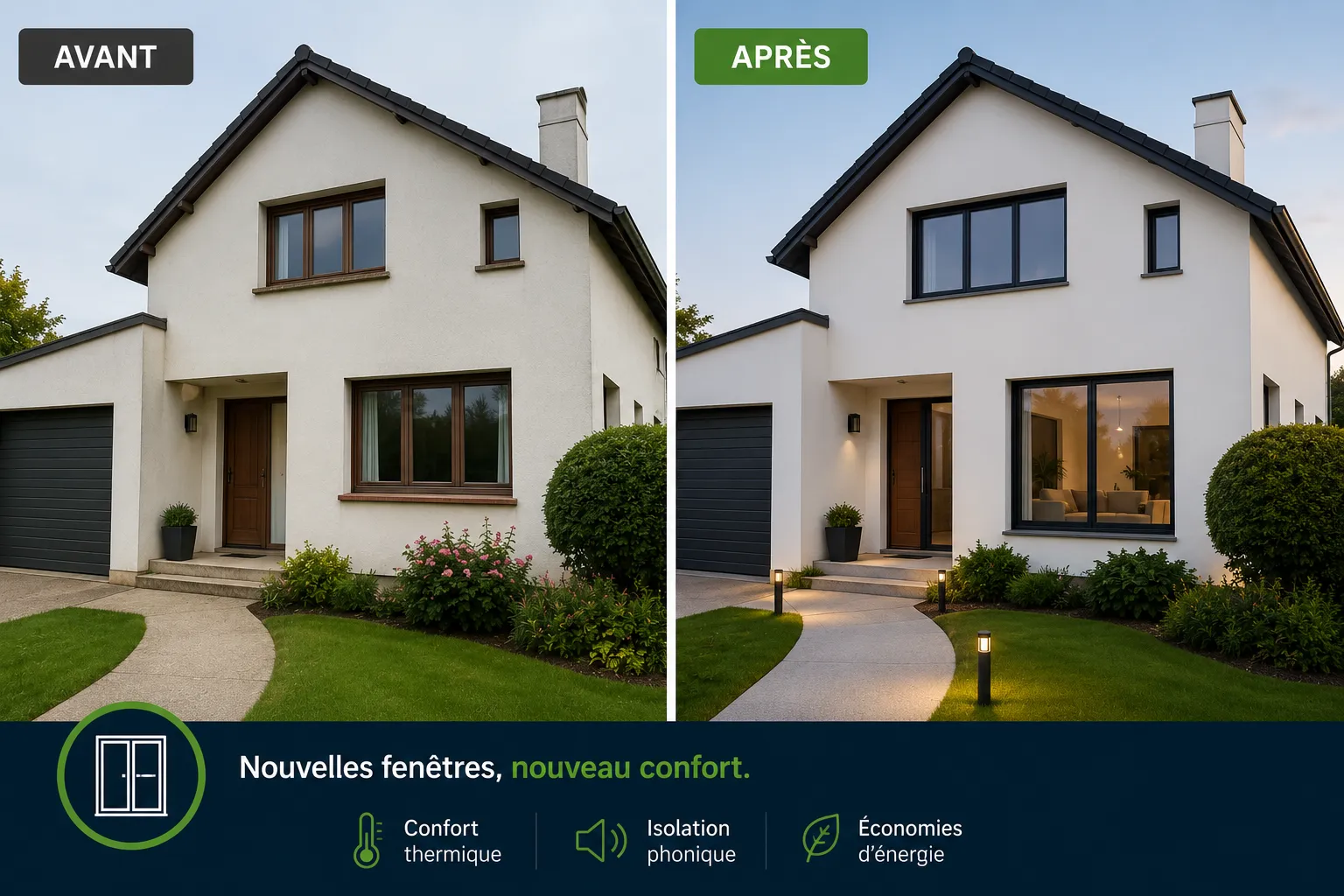 Avant / après — intégration IA de la nouvelle menuiserie sur la façade du client