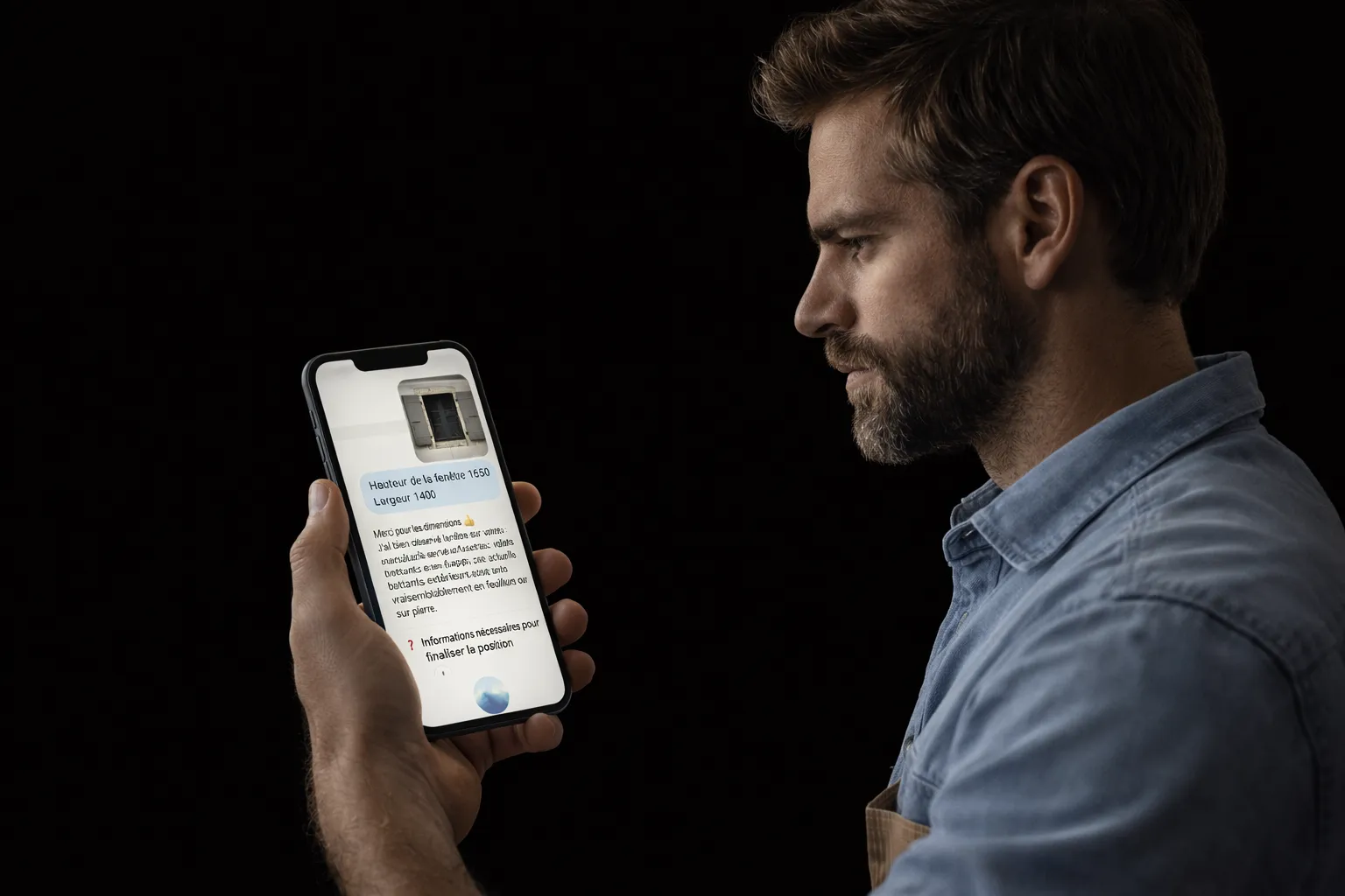 Un artisan menuisier sur chantier accompagné par un assistant d'intelligence artificielle